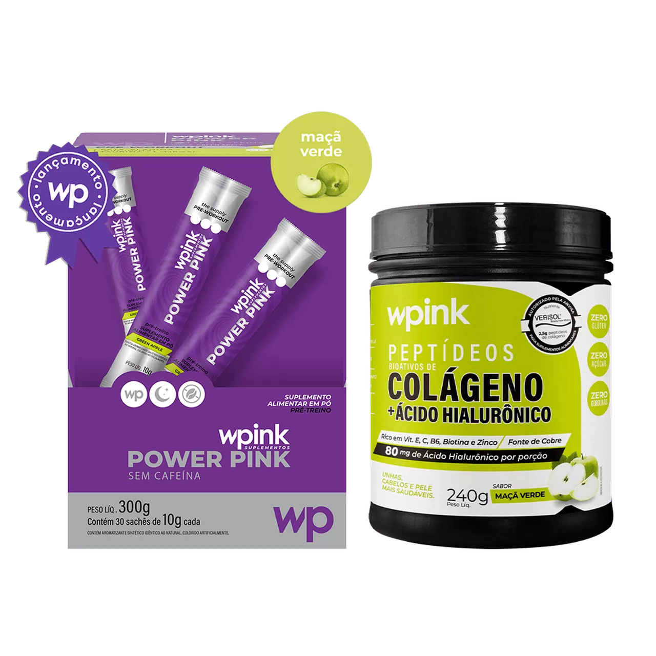 Power pink sem cafeína maçã verde 300g + colágeno de maçã verde 240g - wp